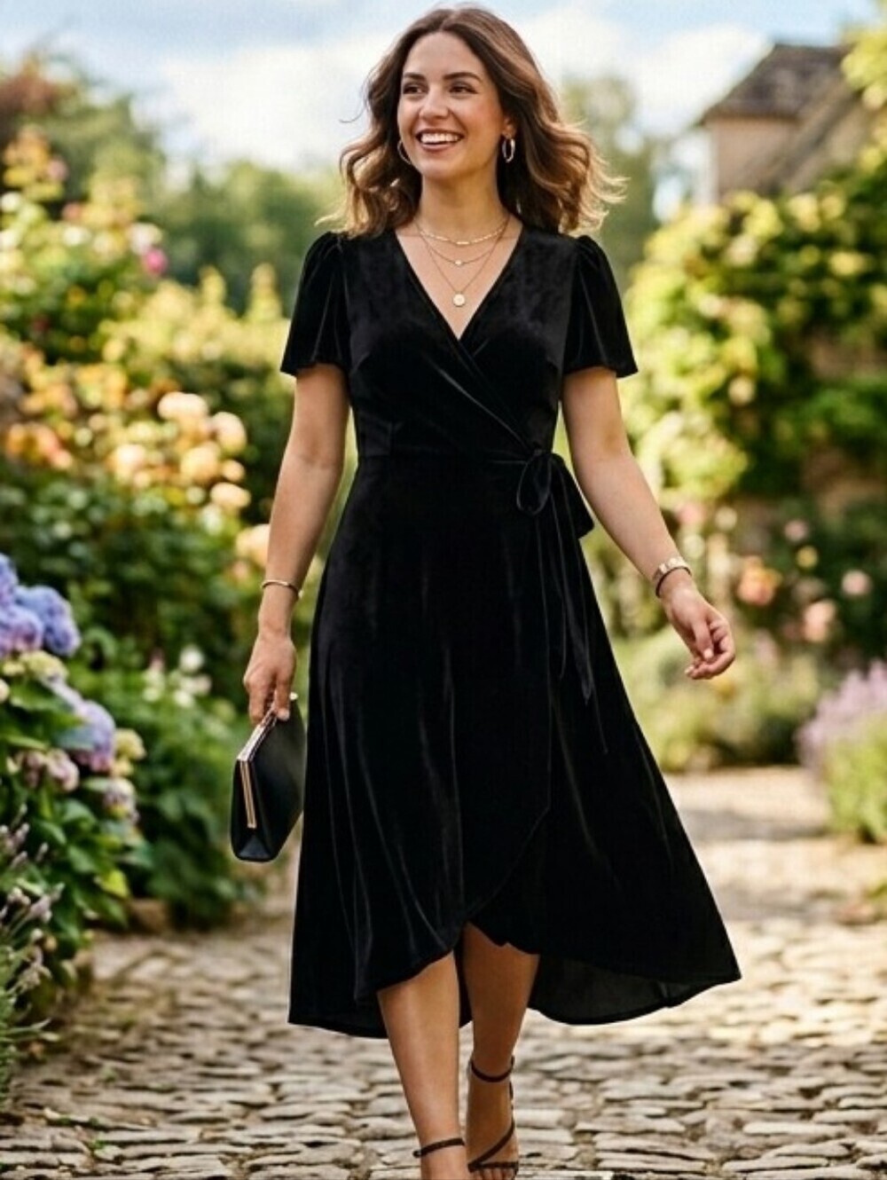 GAP Womens Black Velvet Puff Sleeve Wrap Midi Dress 4petite A Line Holid…